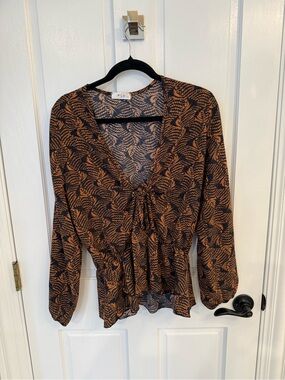 Lette Woven Tie-Front Peplum Blouse - Black & Brown